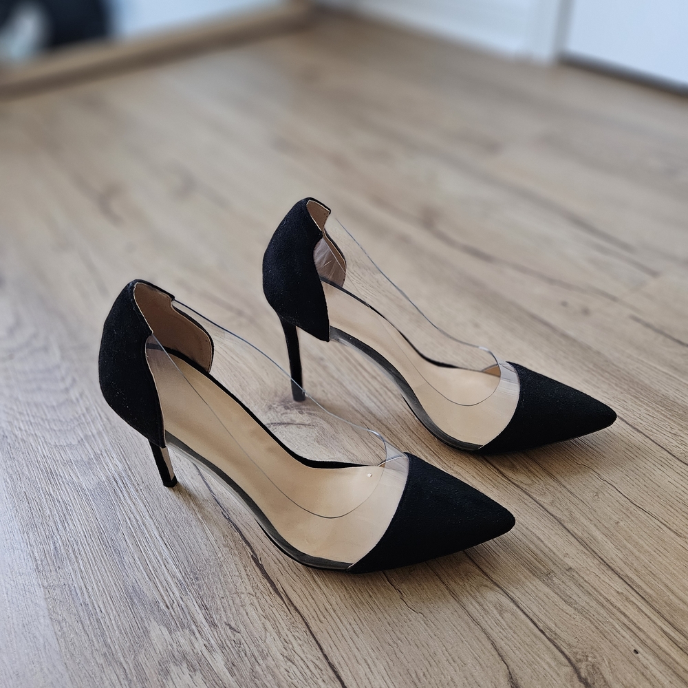 Chic Black Women's Heels with Clear Accents
